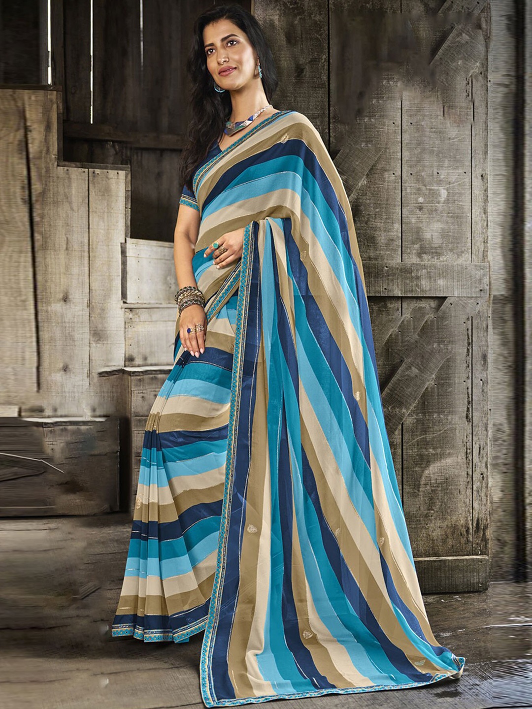 

Anouk Leheriya Printed Beads and Stones Saree, Blue