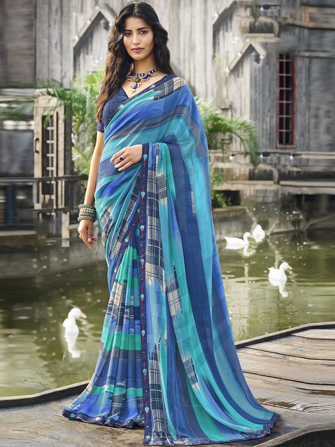 

Anouk Checked Printed Beads and Stones Block Print Saree, Blue