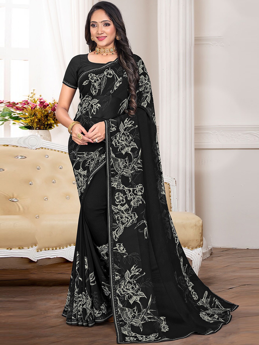 

Anouk Floral Printed Sequinned Saree, Black