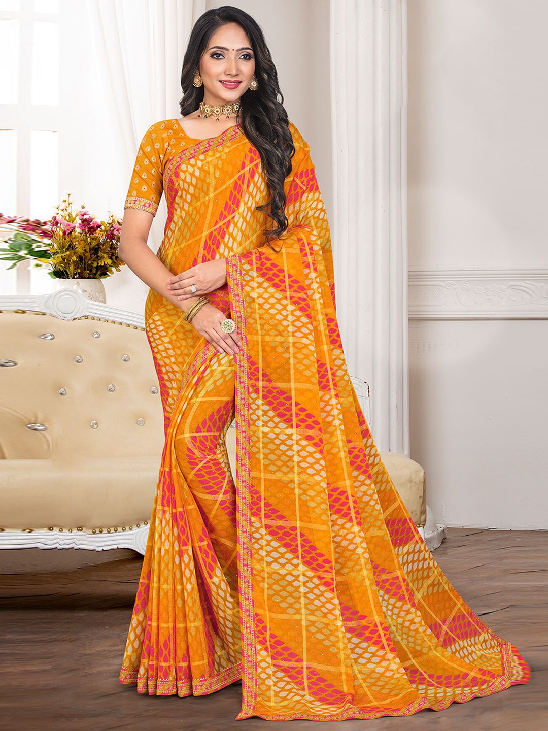

Anouk Checked Embroidered Block Print Saree, Orange