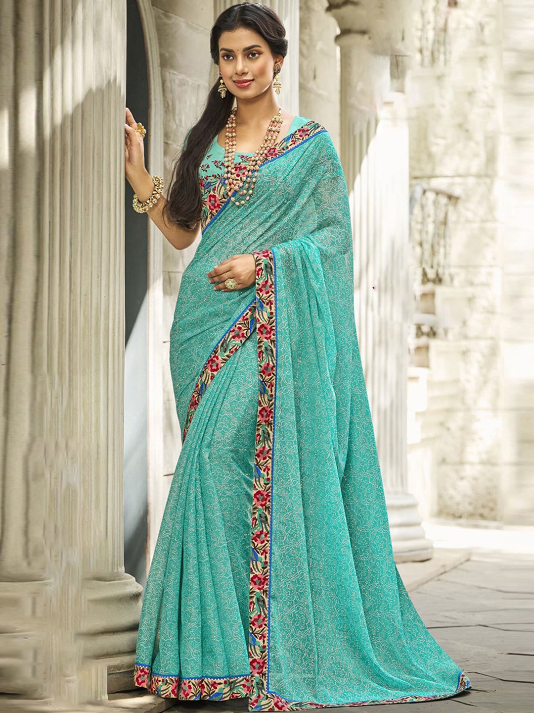 

Anouk Floral Printed Saree, Turquoise blue