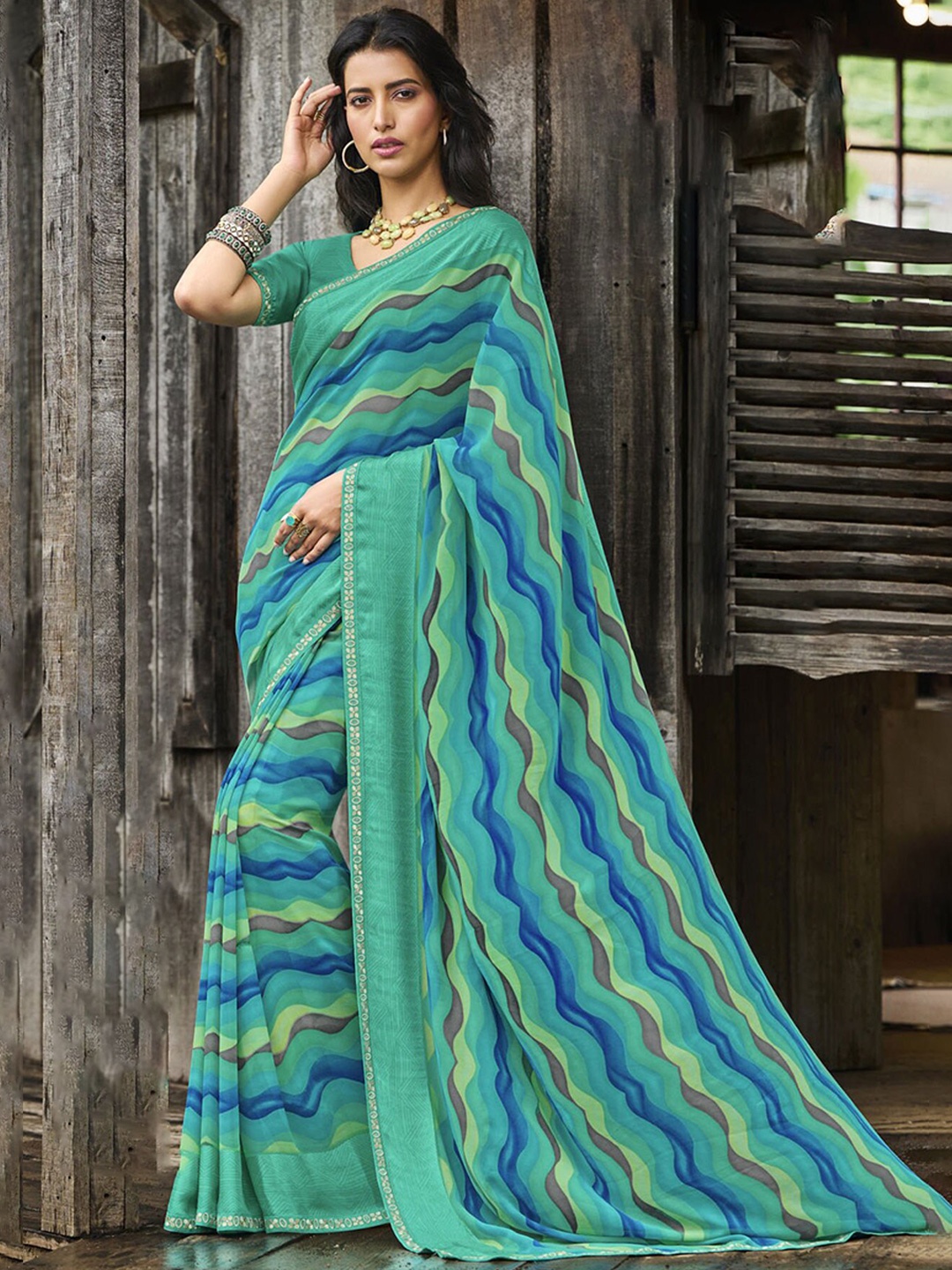 

Anouk Leheriya Printed Embroidered Saree, Green
