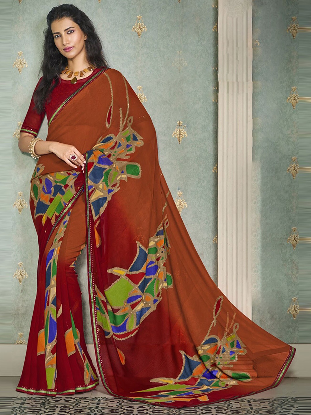 

Anouk Abstract Printed Embellished Saree, Brown