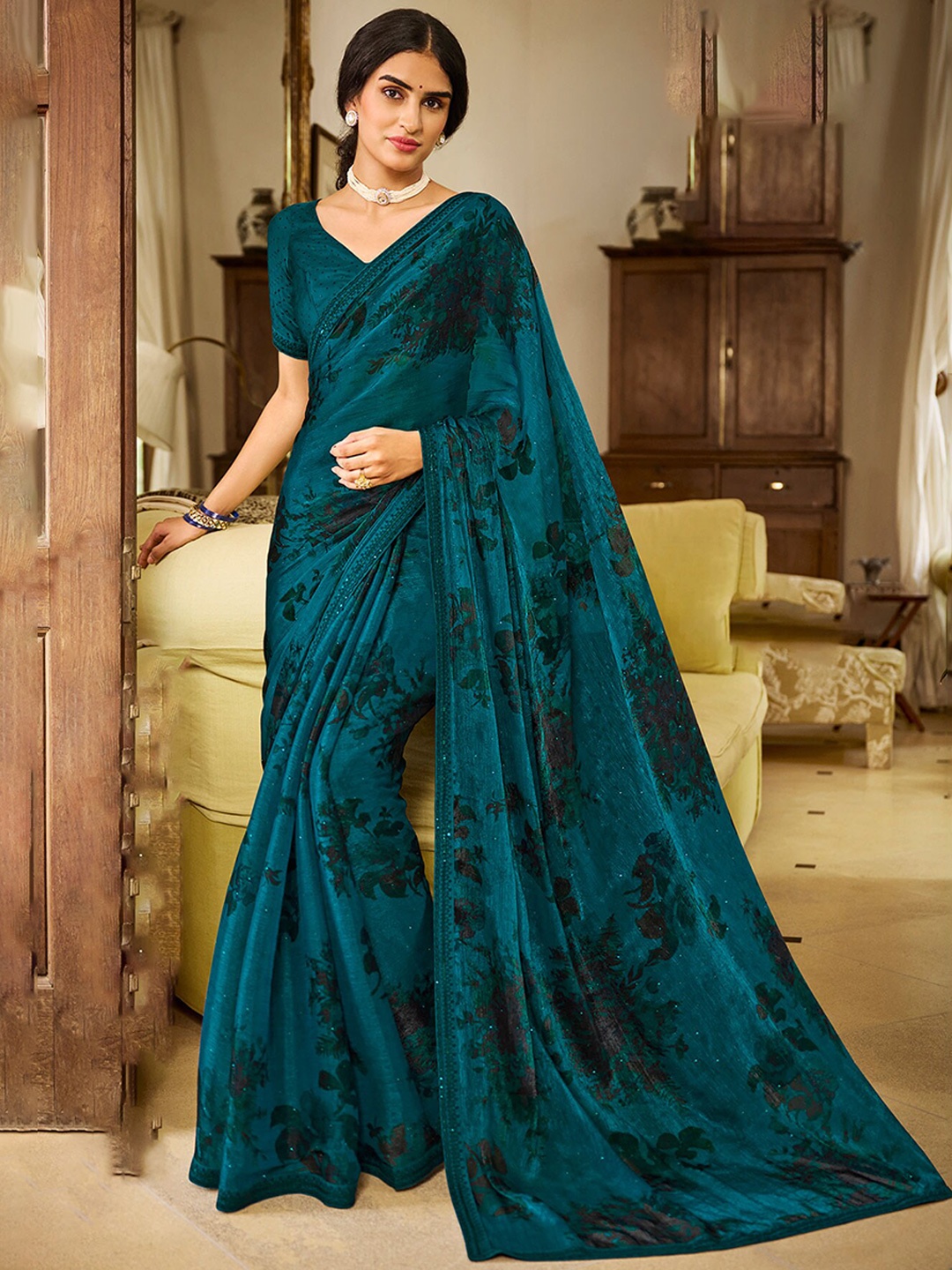 

Anouk Floral Printed Embellished Beads and Stones Saree, Teal