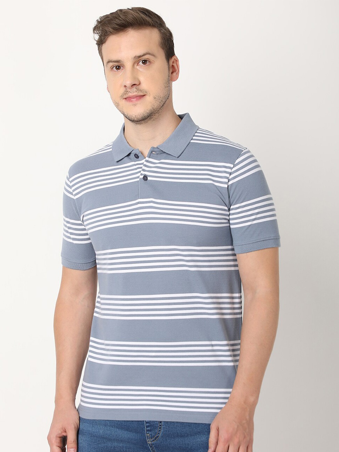 

R&B Striped Polo Collar Short Sleeves Cotton T-shirt, Blue
