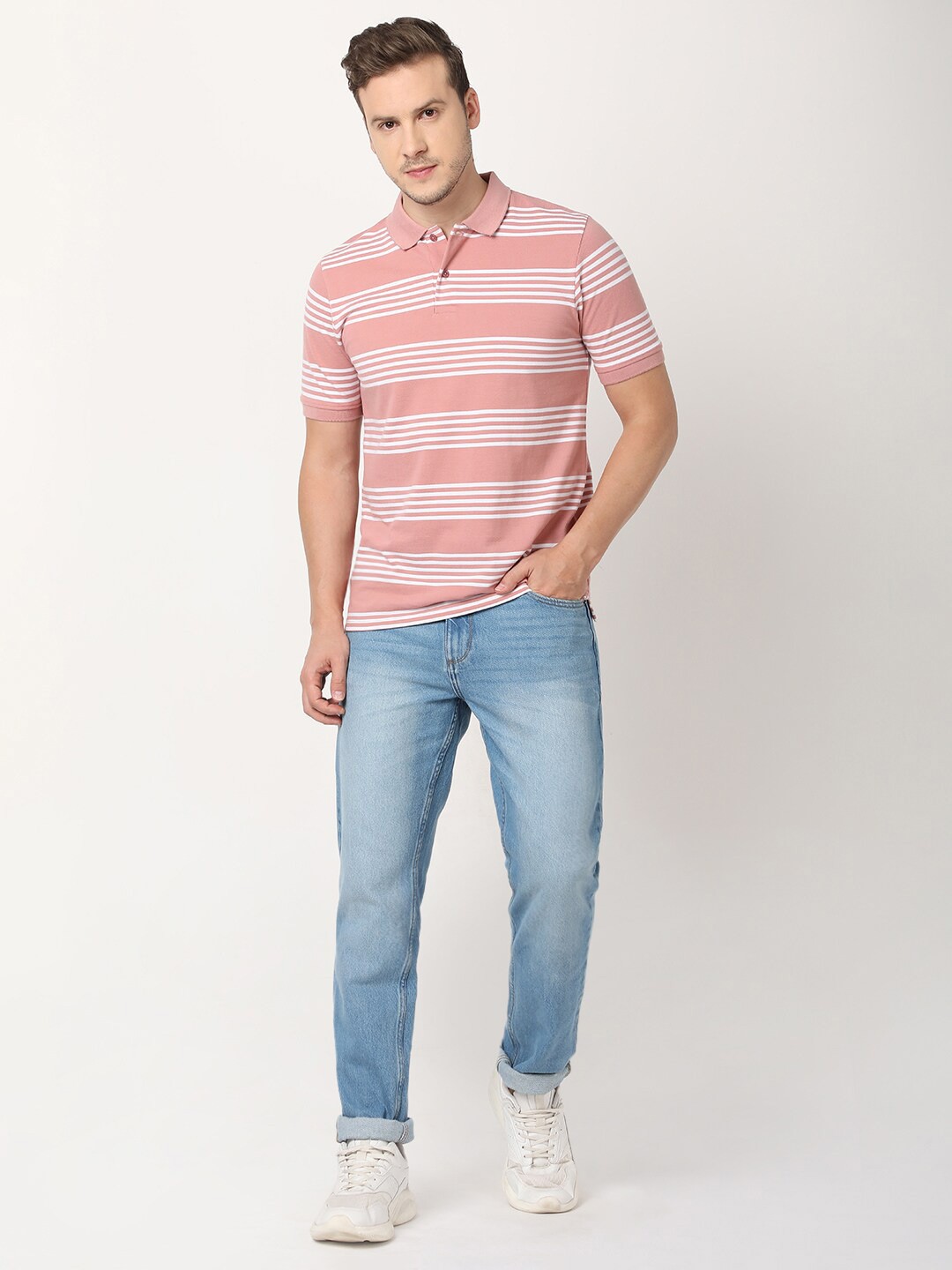 

R&B Striped Polo Collar Short Sleeves Cotton T-shirt, Pink