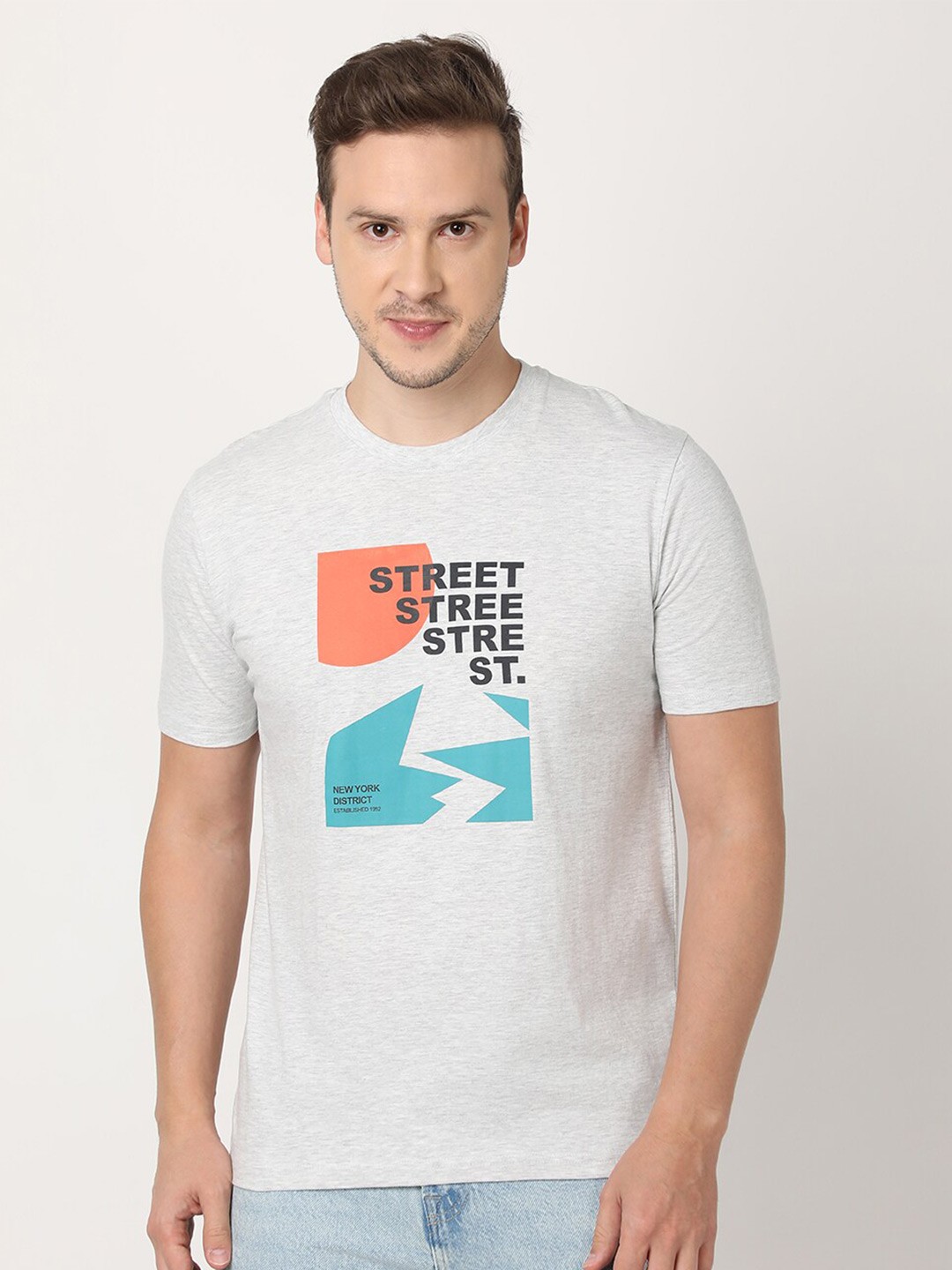 

R&B Printed Round Neck Short Sleeves Cotton T-shirt, Grey