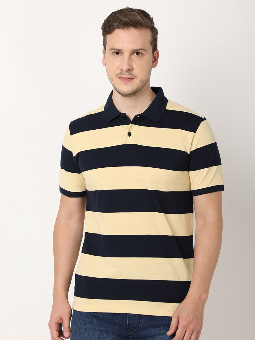 

R&B Striped Polo Collar Short Sleeves Cotton T-shirt, Yellow