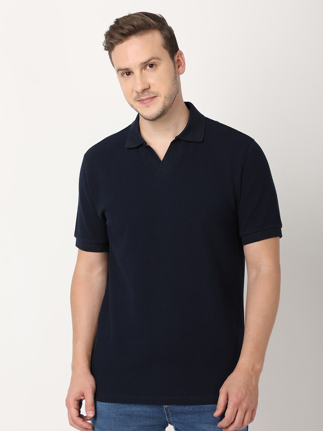 

R&B Polo Collar Short Sleeves Cotton T-shirt, Blue