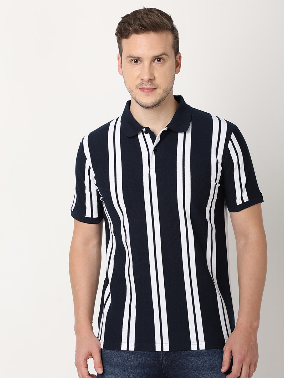

R&B Striped Polo Collar Short Sleeves Cotton T-shirt, Blue