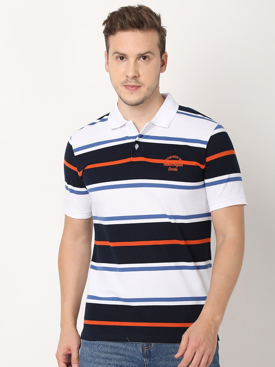 

R&B Striped Printed Cotton T-shirt, White