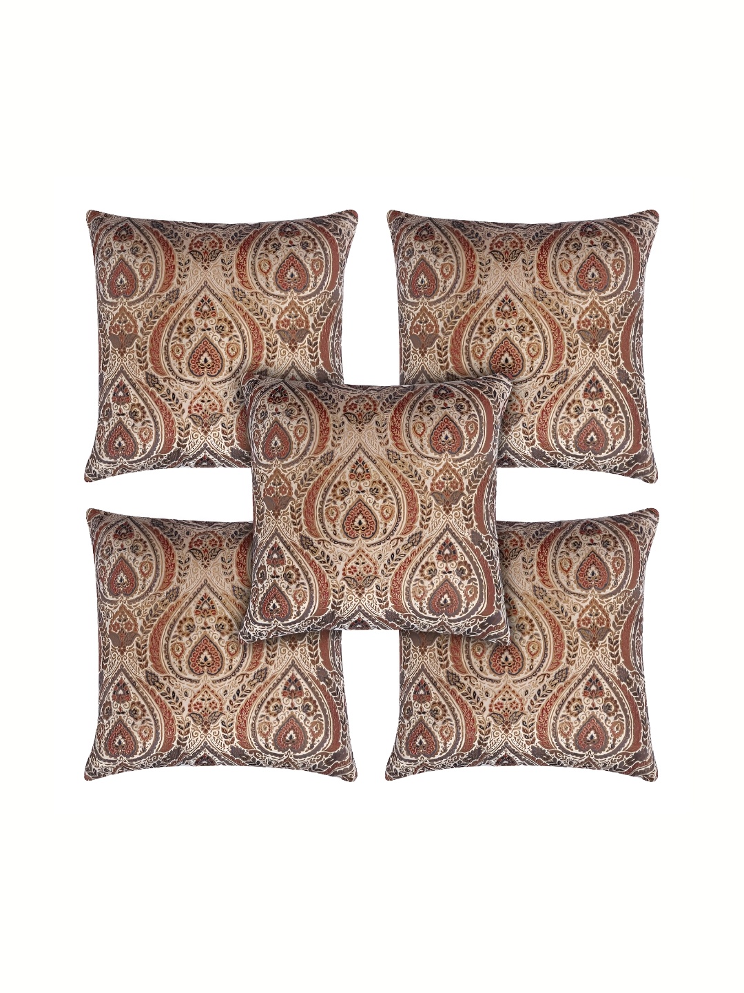 

TANLOOMS Cream-Coloured & Brown 5 Pieces Ethnic Velvet Square Cushion Covers