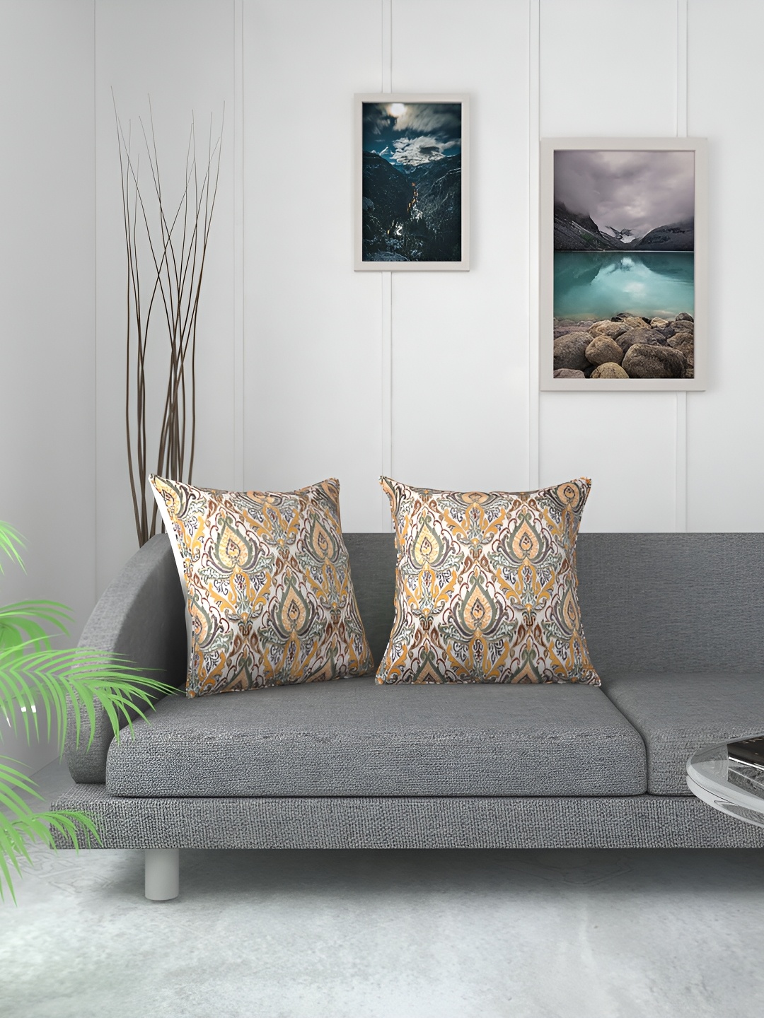 

TANLOOMS Cream-Coloured & Green 2 Pieces Ethnic Velvet Square Cushion Covers