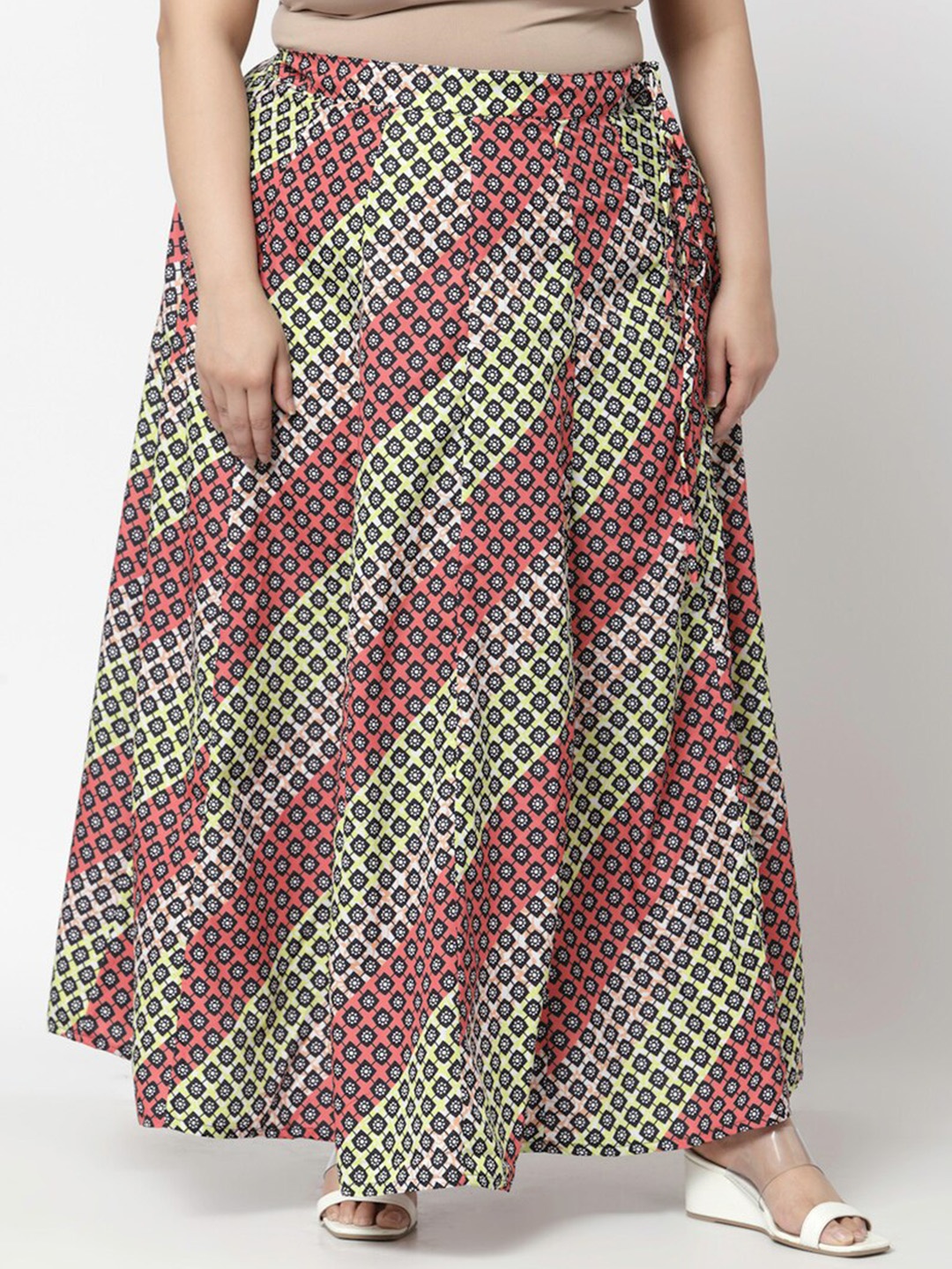 

Flambeur Plus Size Geometric Printed Flared Maxi Skirt, Green