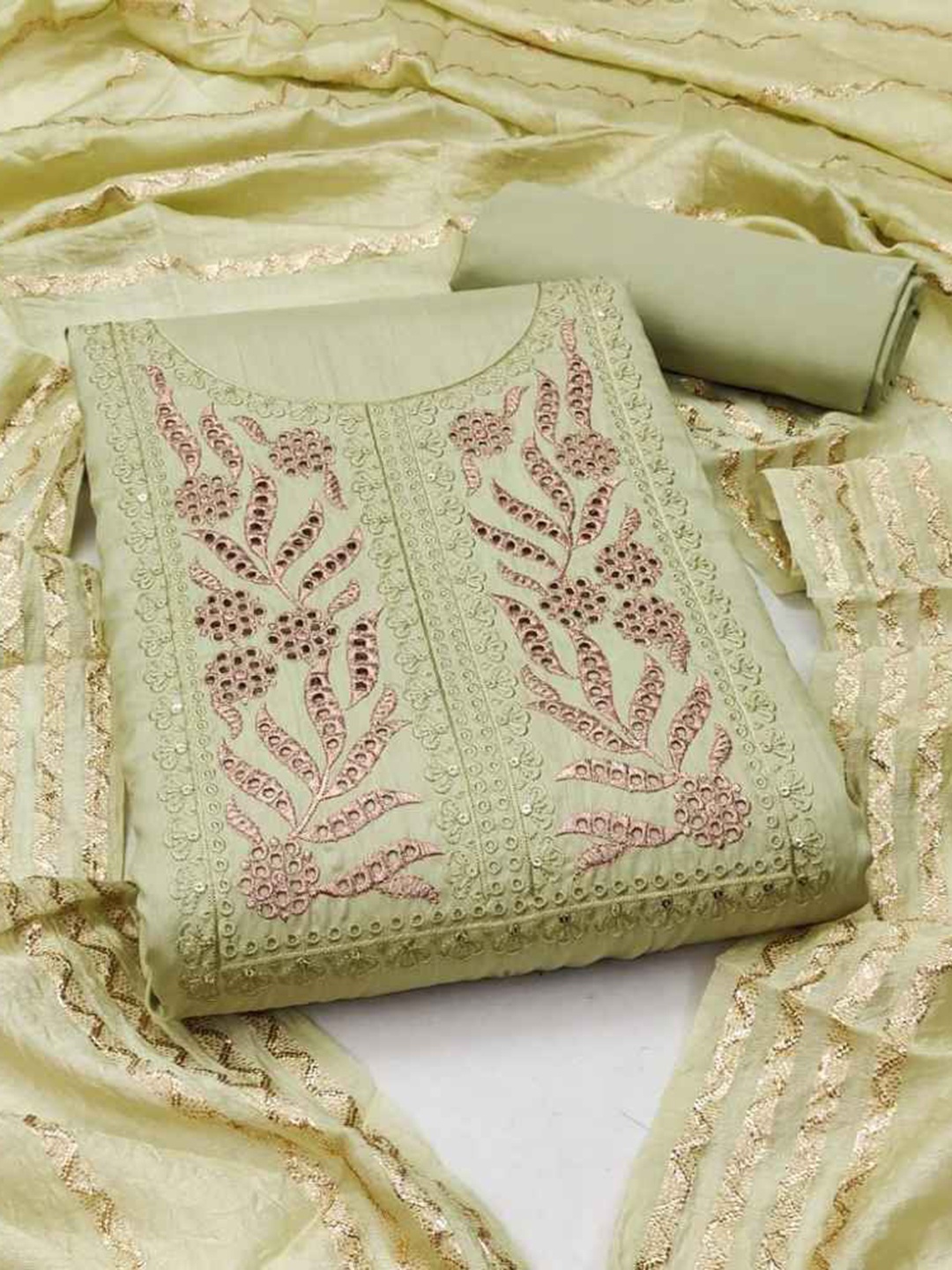 

faxofab Ethnic Motifs Embroidered Unstitched Dress Material, Sea green