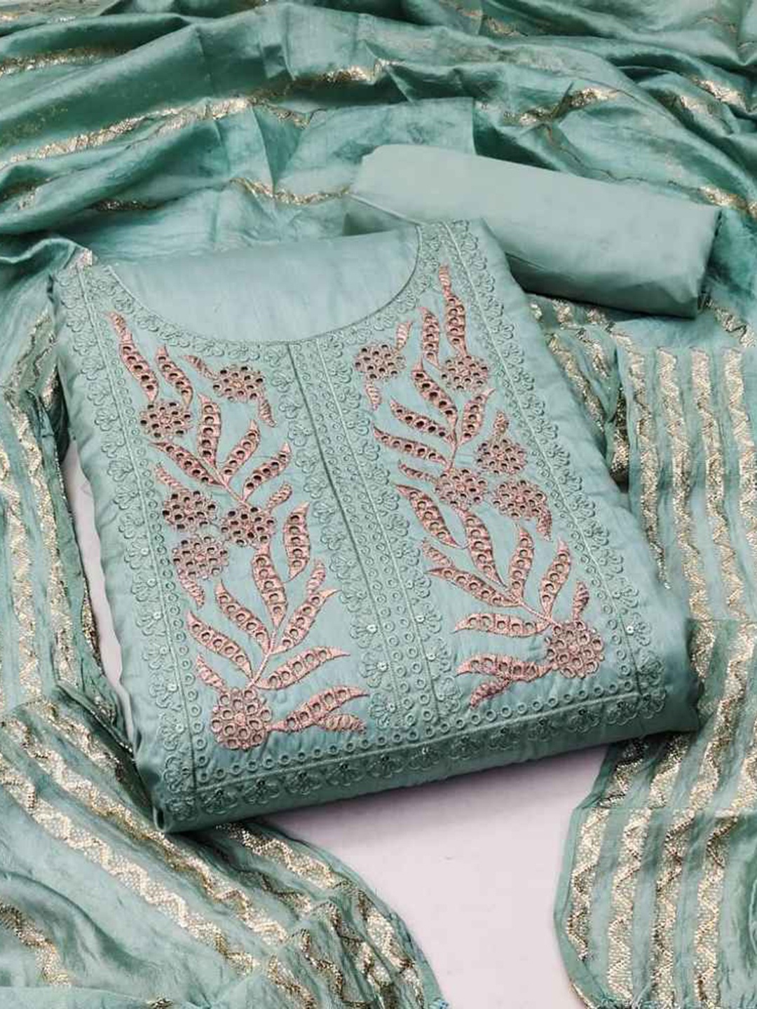 

faxofab Embroidered Silk Georgette Unstitched Dress Material, Green