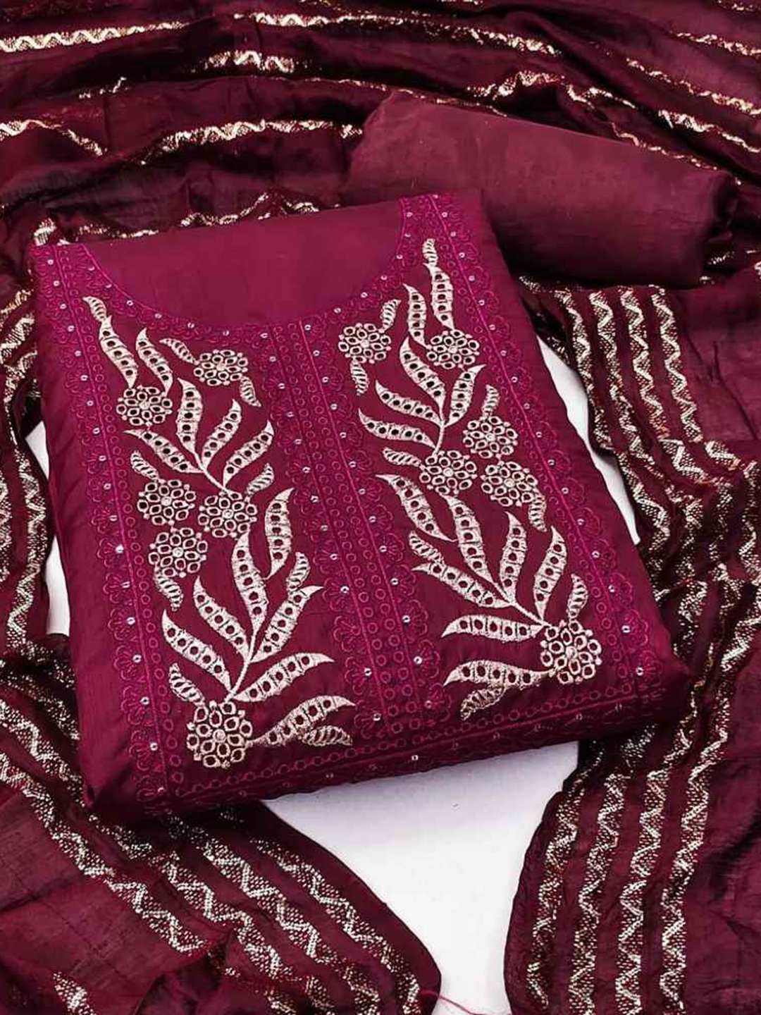 

faxofab Ethnic Motifs Embroidered Mirror Work Silk Georgette Unstitched Dress Material, Maroon