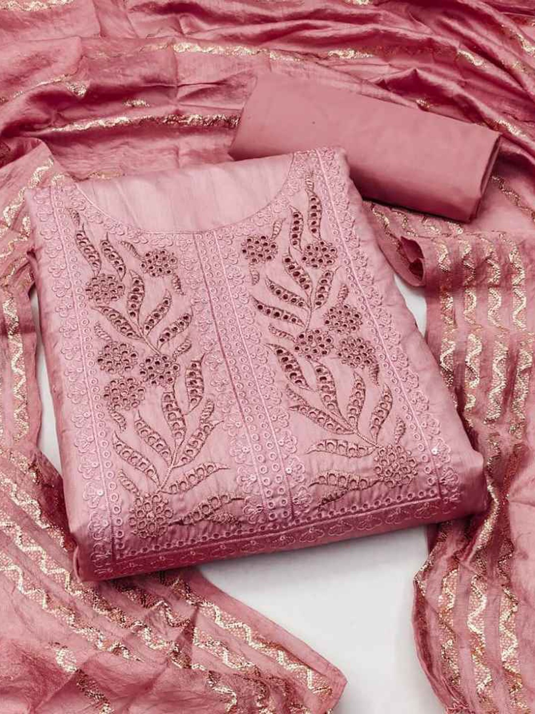 

faxofab Ethnic Motifs Embroidered Silk Georgette Unstitched Dress Material, Pink