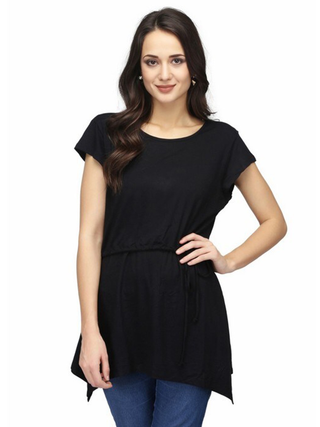 

Karmic Vision Round Neck Extended Sleeves Cinched Waist Top, Black