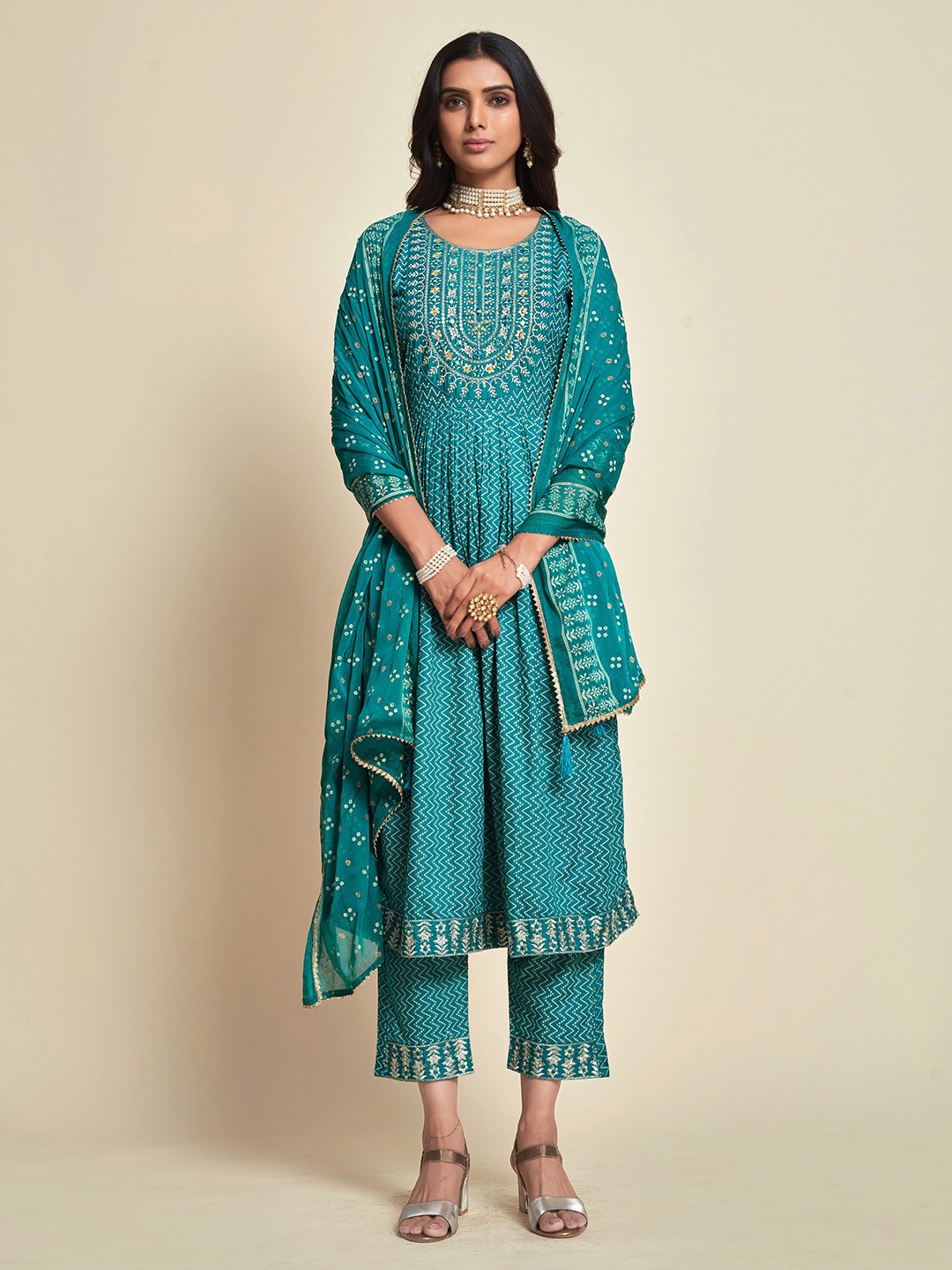 

Ishin Bandhani Embroidered Regular Thread Work Straight Kurta with Trousers & Dupatta, Blue