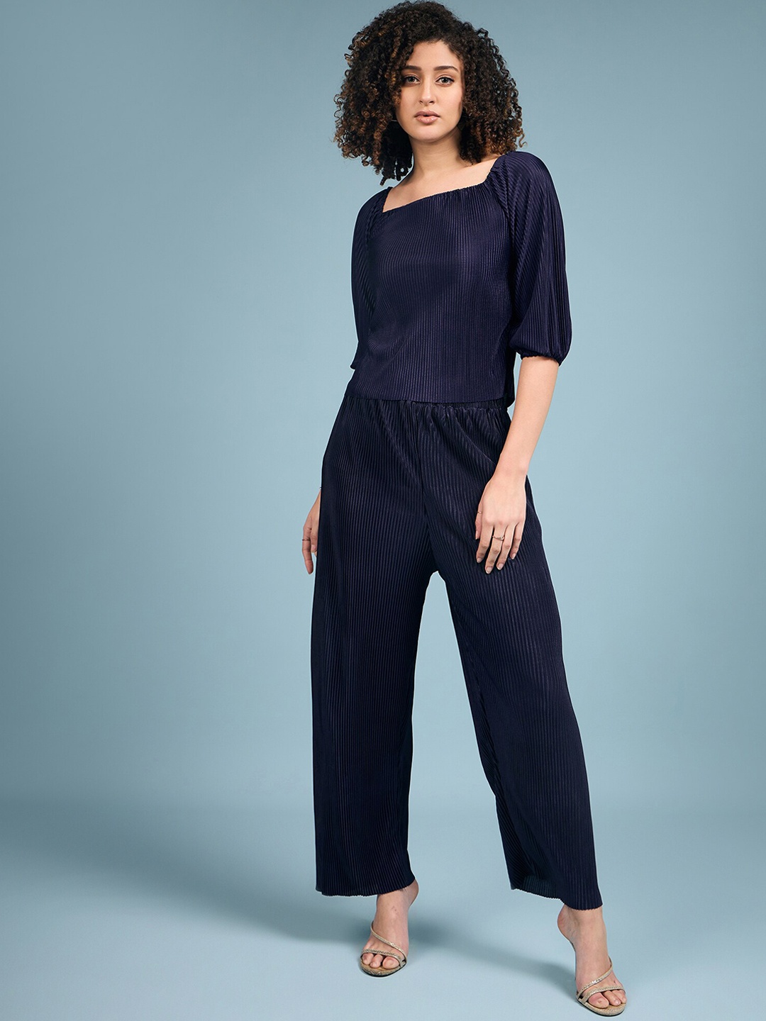 

DressBerry Square Neck Top with Mid-Rise Palazzo Co-Ords, Navy blue