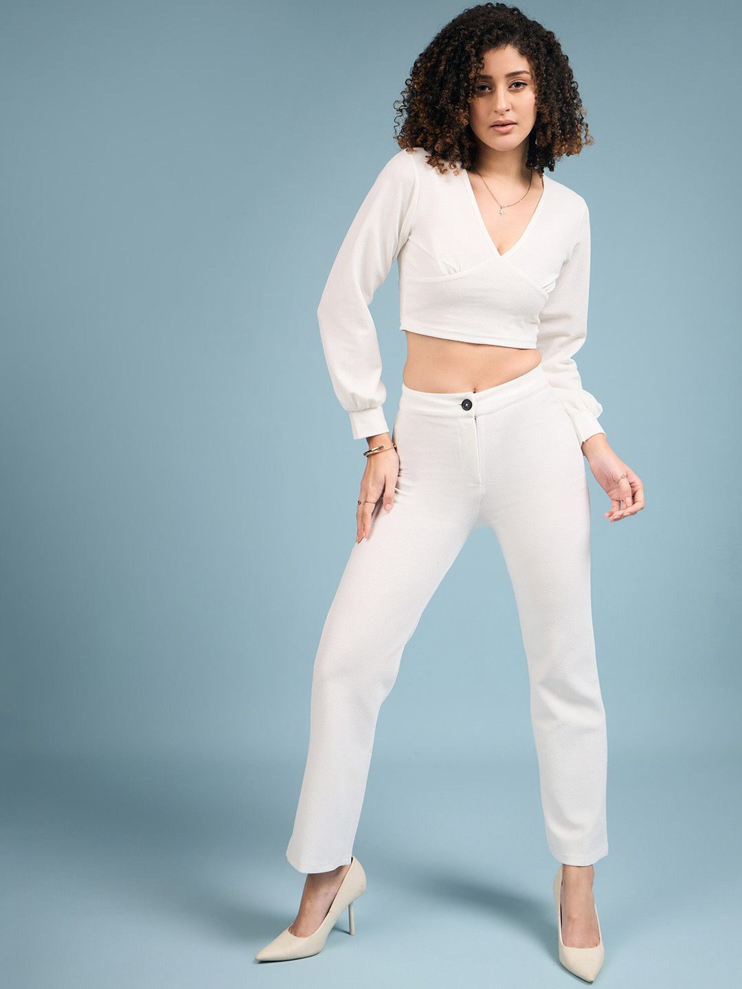 

DressBerry V-Neck Top with Mid-Rise Trouser Co-Ords, White