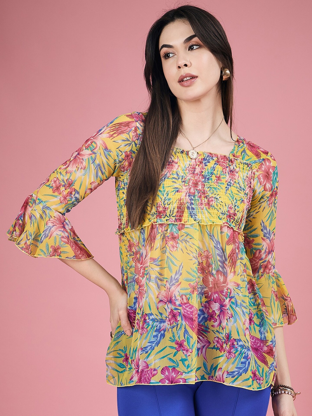 

DressBerry Square Neck Bell Sleeves Floral Print Chiffon Top, Yellow