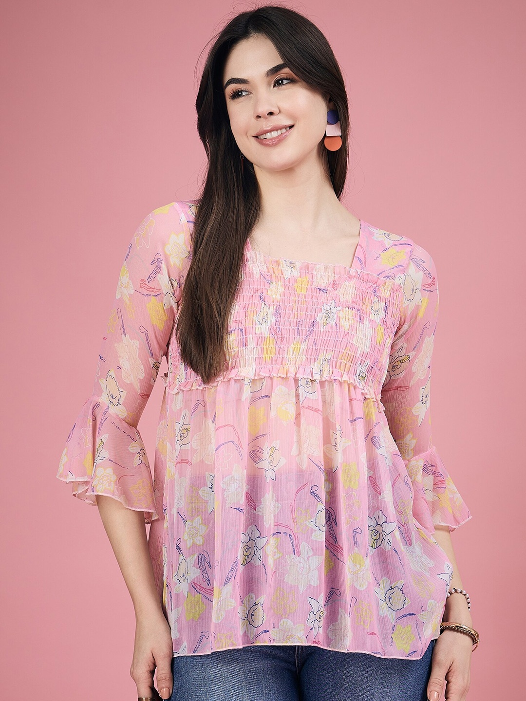 

DressBerry Pink Floral Printed Bell Sleeve Chiffon Empire Top