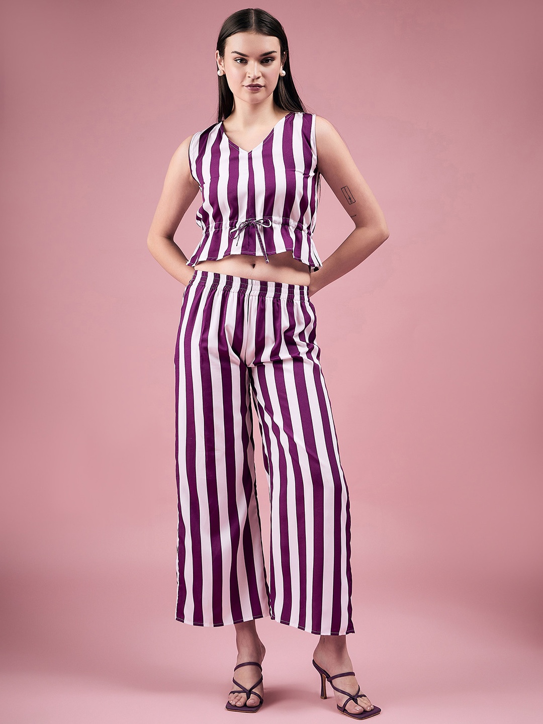 

DressBerry Stripe V-Neck Crop Top with Mid-Rise Trouser Co-Ords, Purple