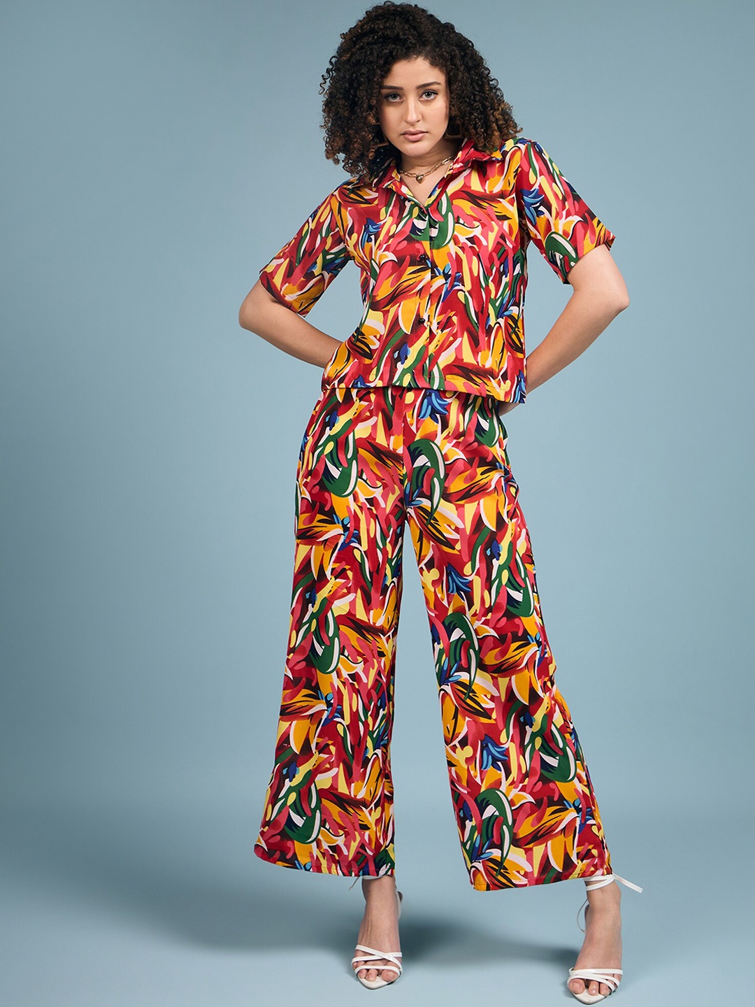 

DressBerry Printed Collar Neck Short Shirt with Mid-Rise Trouser Co-Ords, Red