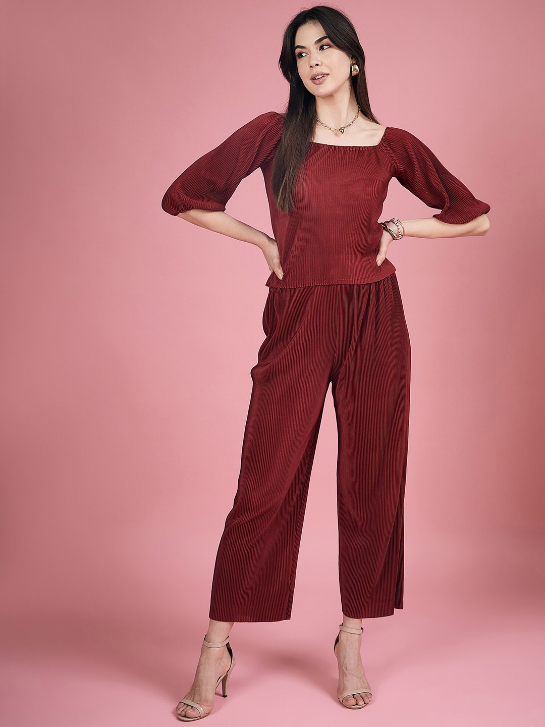 

DressBerry Self Design Top & Flared Palazzo Co-Ords, Maroon
