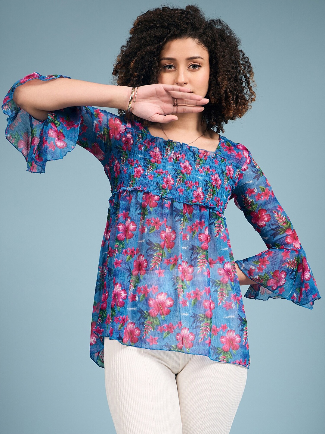 

DressBerry Blue Floral Printed Bell Sleeve Chiffon Top