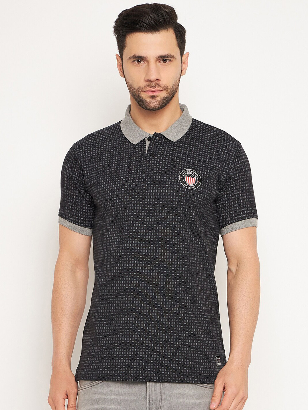 

NEVA Dotted Pattern Chest Logo Polo Collar Cotton Regular Fit T-shirt, Black