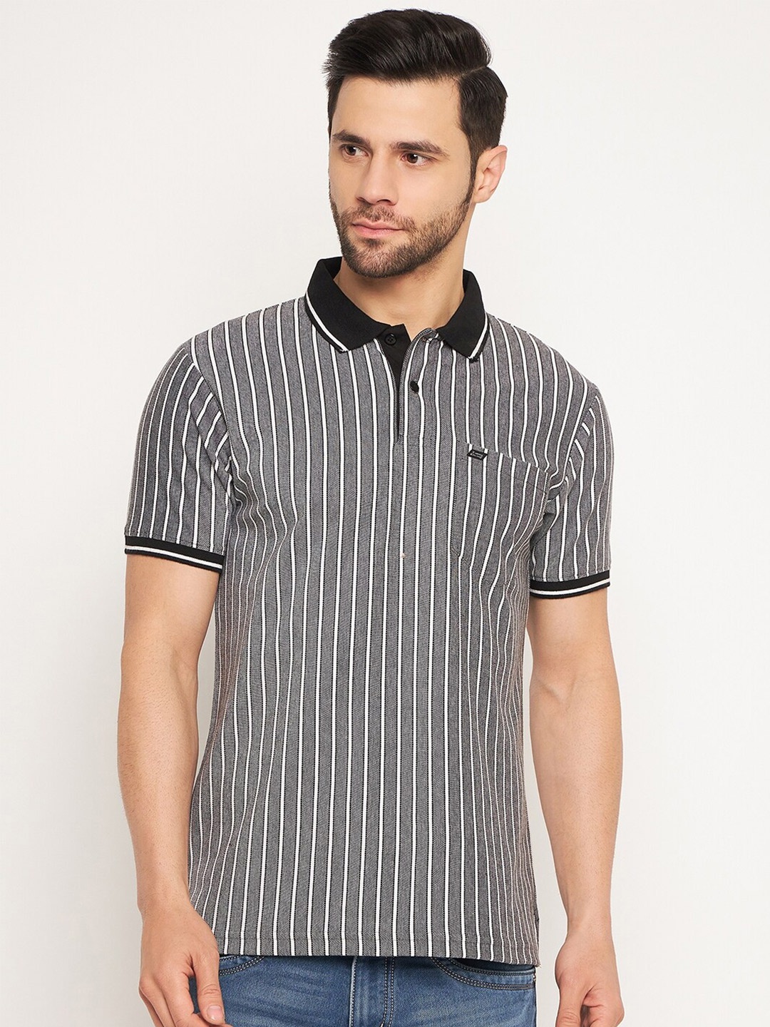 

NEVA Striped Polo Collar Pocket Cotton T-shirt, Black