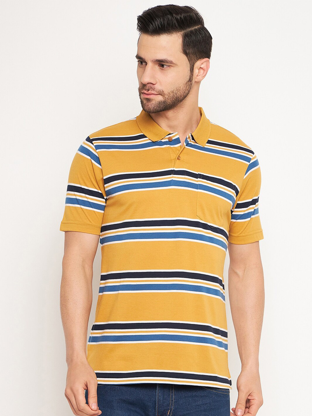 

NEVA Striped Polo Collar Pockets Cotton T-shirt, Mustard