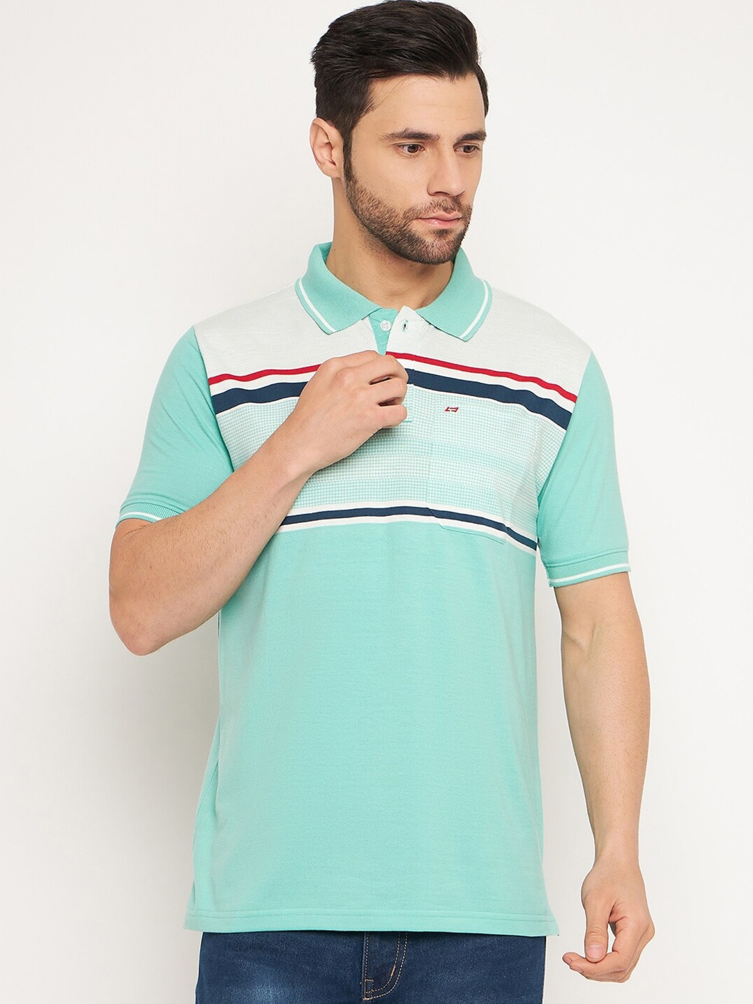 

NEVA Men Striped Polo Collar Cotton Regular Fit T-shirt, Green