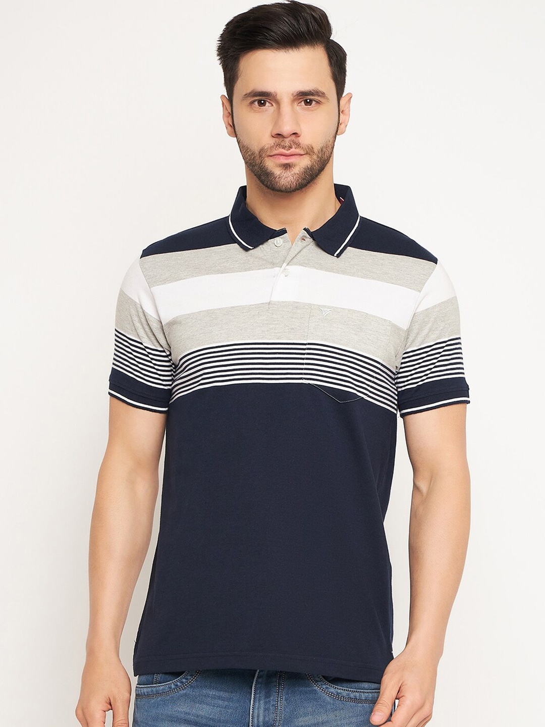 

NEVA Colourblocked Polo Collar Pockets T-shirt, Navy blue