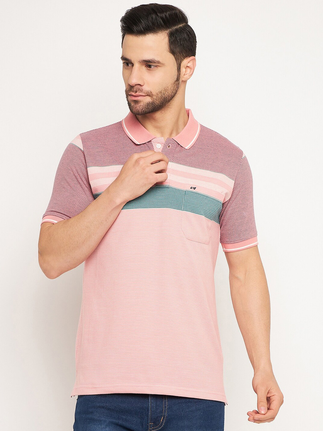

NEVA Colourblocked Polo Collar Pockets Cotton T-shirt, Pink
