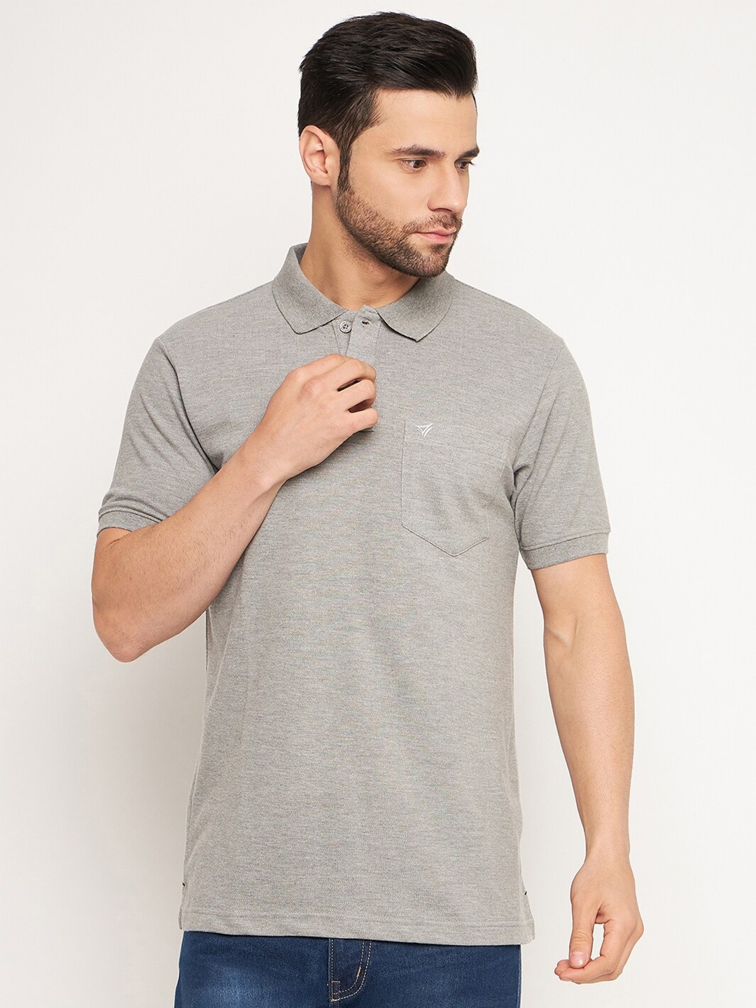 

NEVA Polo Collar Pockets Cotton T-shirt, Grey melange