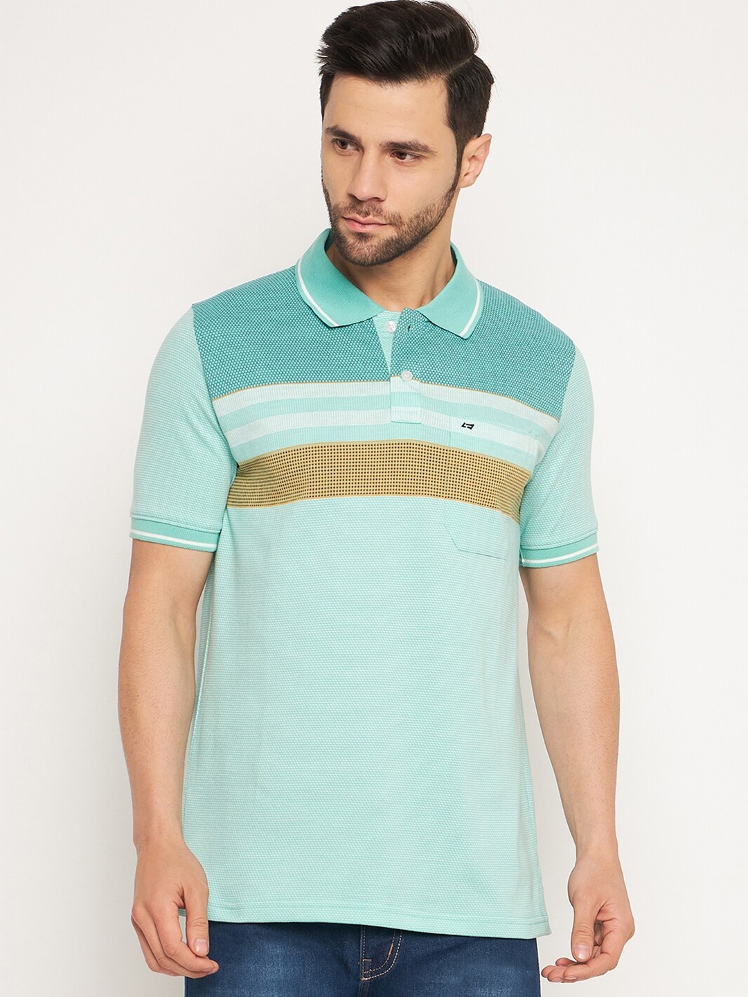 

NEVA Striped Polo Collar Cotton T-shirt, Green