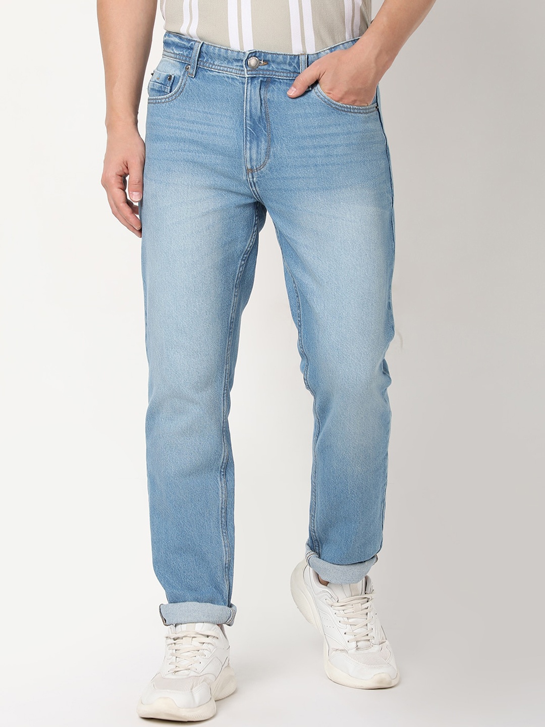 

R&B Men Slim Fit Light Fade Clean Look Cotton Jeans, Blue