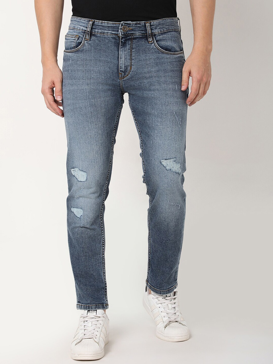 

R&B Men Slim Fit Mildly Distressed Heavy Fade Cotton Jeans, Blue