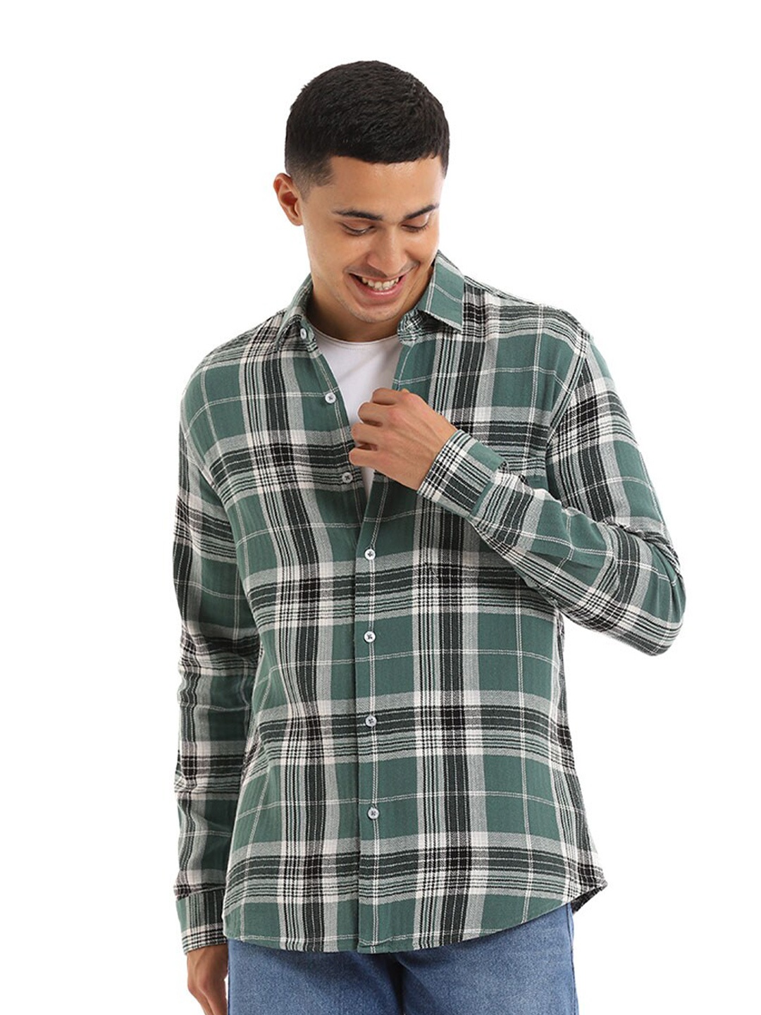 

Banana Club Relaxed Slim Fit Tartan Checks Cotton Casual Shirt, Green