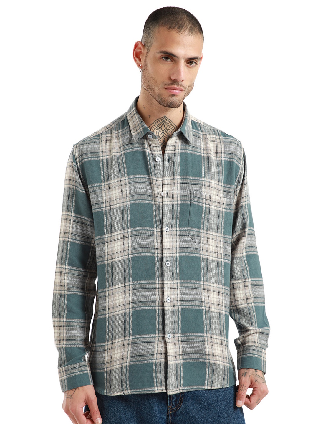 

Banana Club Relaxed Slim Fit Tartan Checks Cotton Checked Casual Shirt, Grey