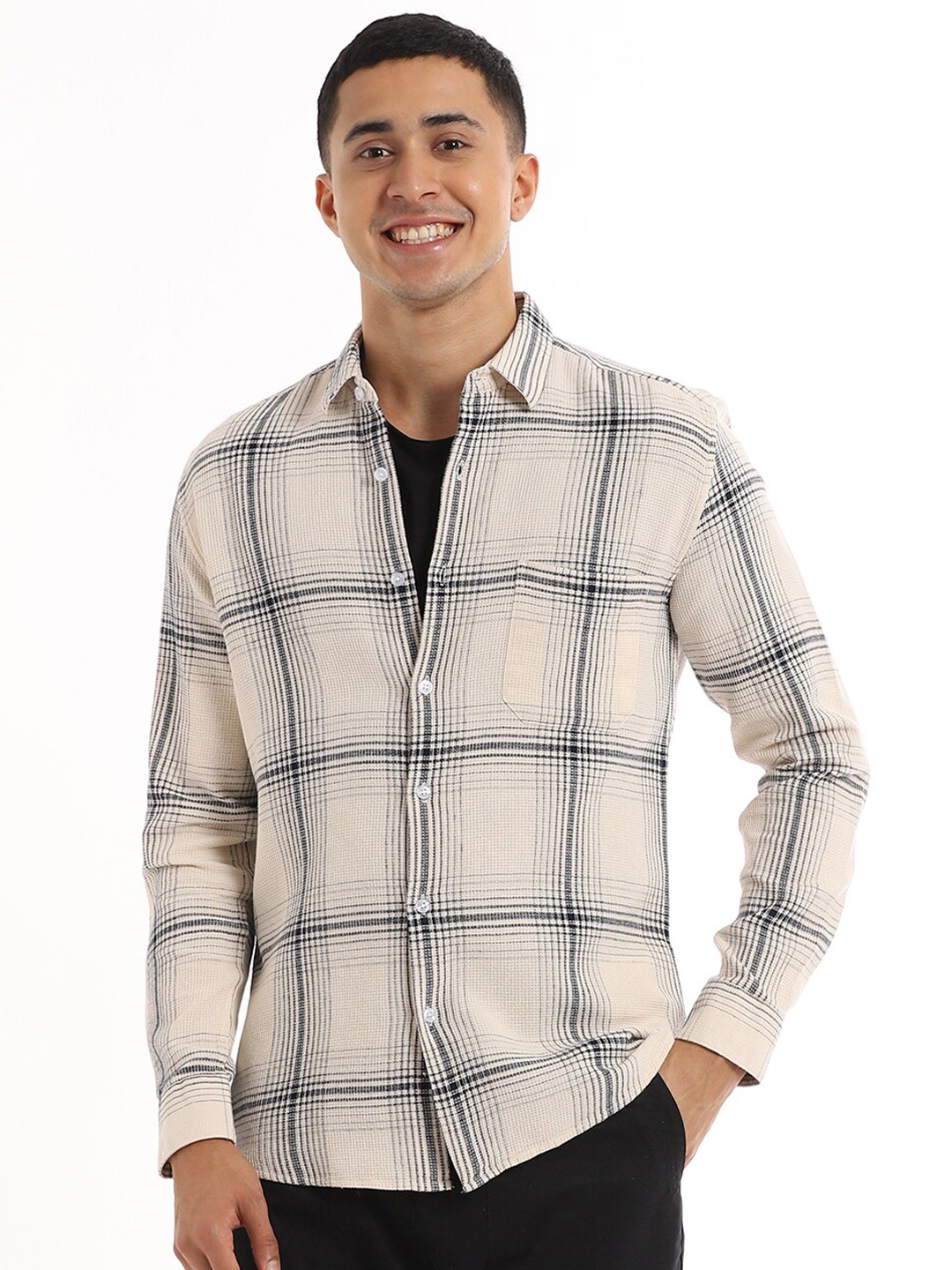 

Banana Club Relaxed Slim Fit Cotton Checked Casual Shirt, Cream