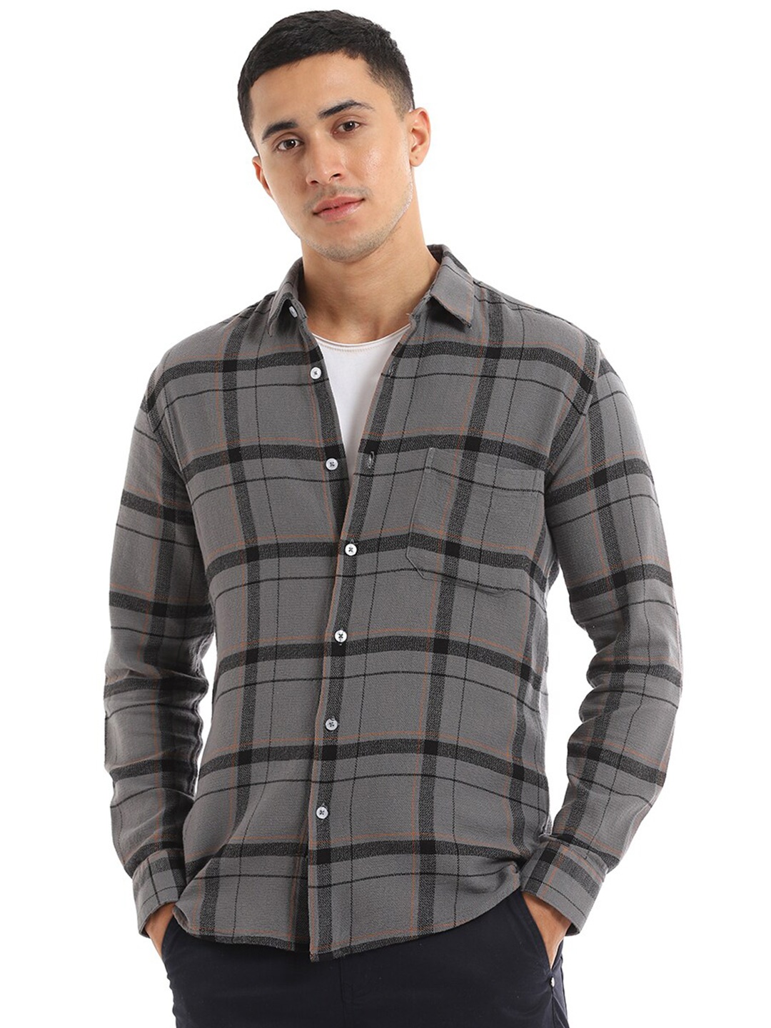 

Banana Club Relaxed Slim Fit Windowpane Cotton Checks Casual Shirt, Grey