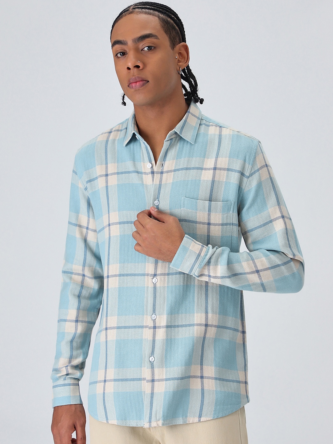 

Banana Club Relaxed Slim Fit Tartan Checked Cotton Casual Shirt, Turquoise blue