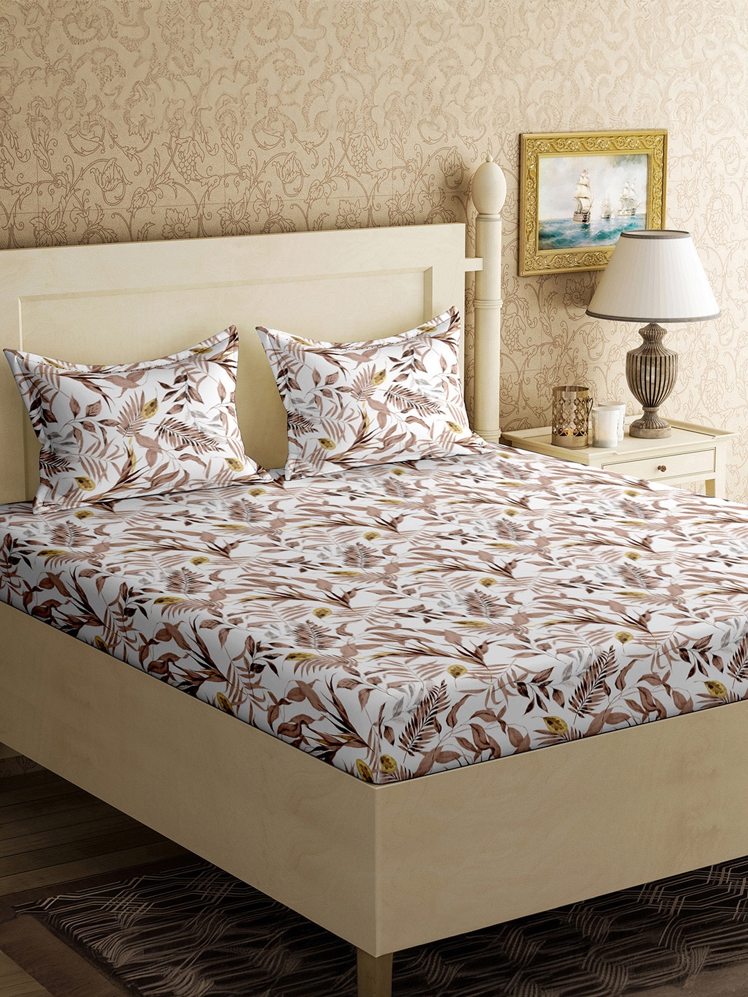 

Aura Brown & White Floral 180 TC Cotton Flat Double King Bedsheet With 2 Pillow Covers
