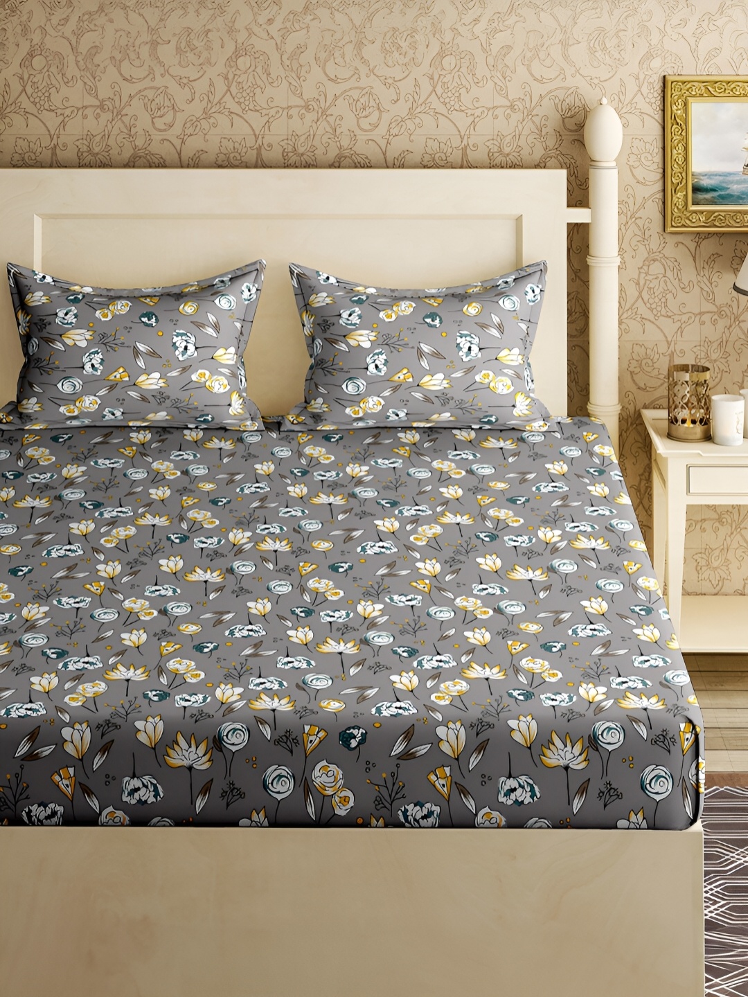 

Aura Grey & Yellow Floral Cotton 180 TC King Bedsheet With 2 Pillow Covers