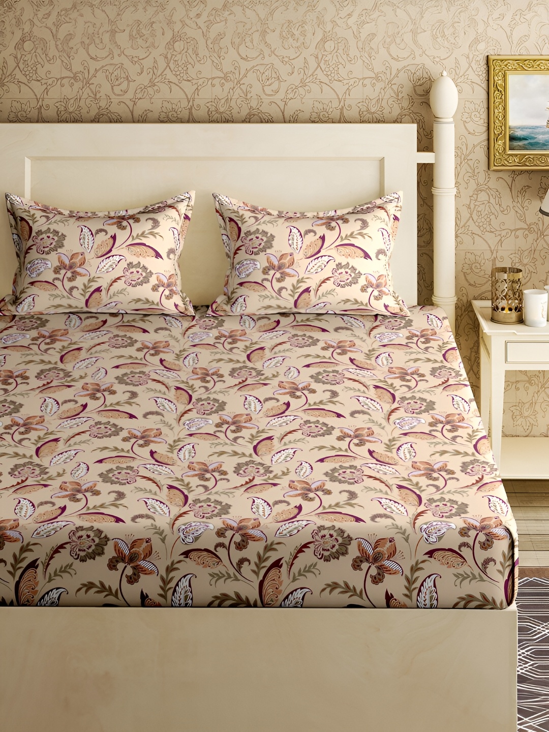 

Aura Beige & Purple Floral Cotton 180 TC King Bedsheet With 2 Pillow Covers